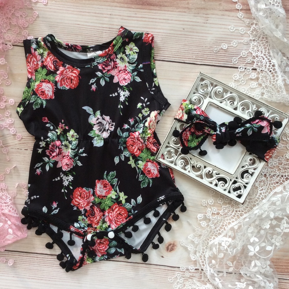 Baby Girls Pom Pom Fringe Romper & Headband